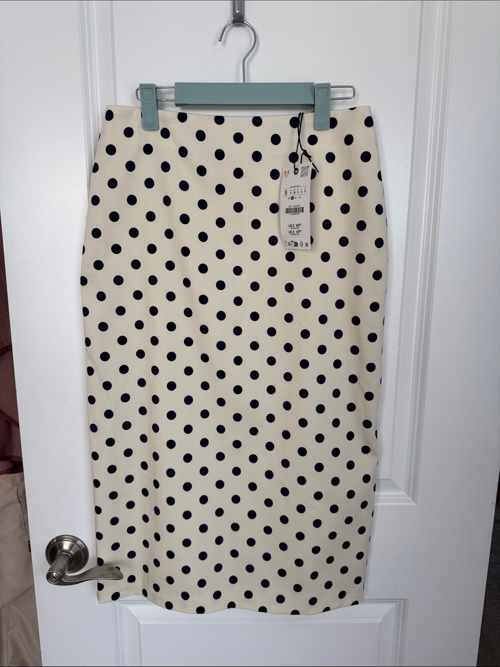 NWT Zara Polka Dot Cream Pencil Skirt - Black Dot Print